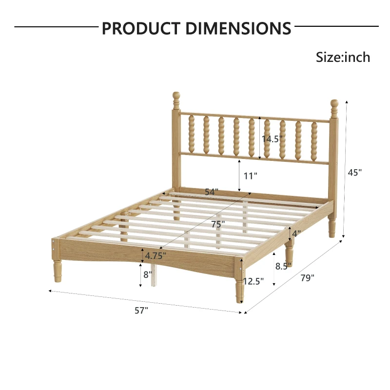 Full Size Wood Platform Bed with Gourd-Shaped Headboard, Solid Bed Frame for Eclectic Bedrooms, 79'' L x 57'' W x 45'' H, Natural