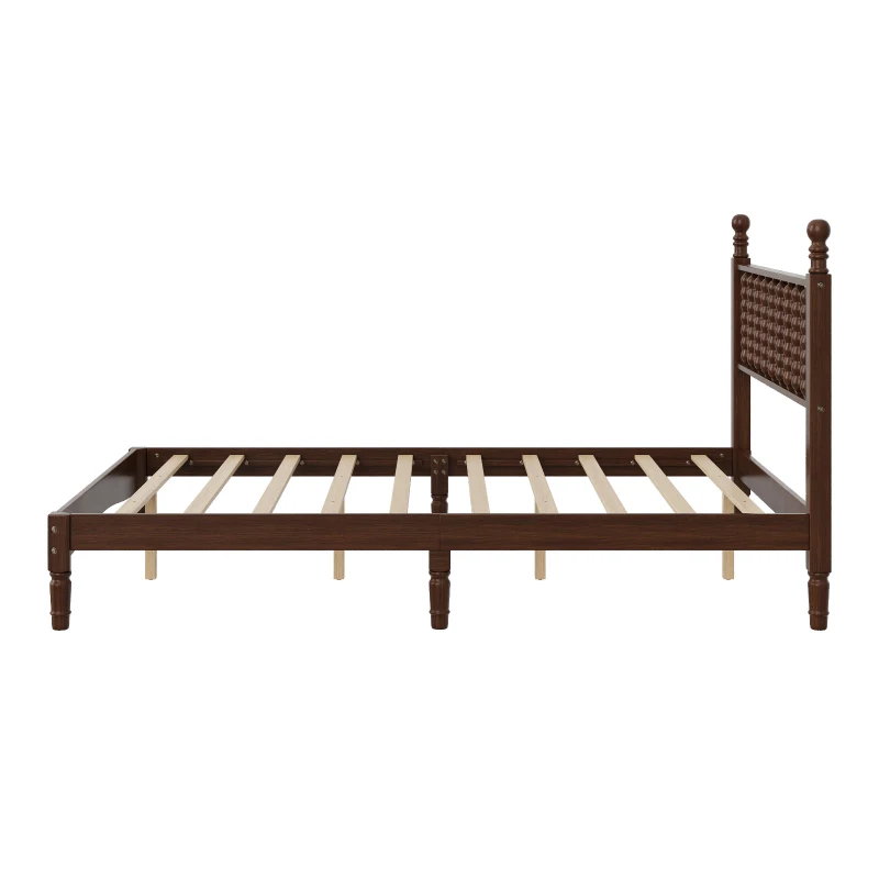 Full Size Wood Platform Bed with Retro Gourd-Shaped Headboard & Wooden Slat, Solid Bed Frame for Eclectic Decors, 79'' L x 57'' W x 45'' H, Walnut