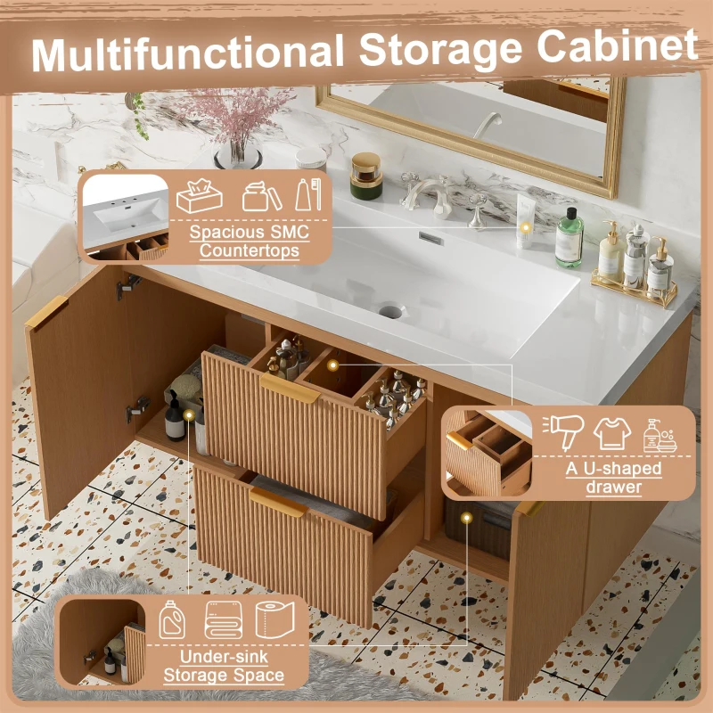 Single Sink Wall-Mounted Bathroom Vanity with SMC Top, Stylish Bathroom Cabinet with U-Shaped Drawers, 47'' L x 19.5'' W x 23.5'' H, Wood