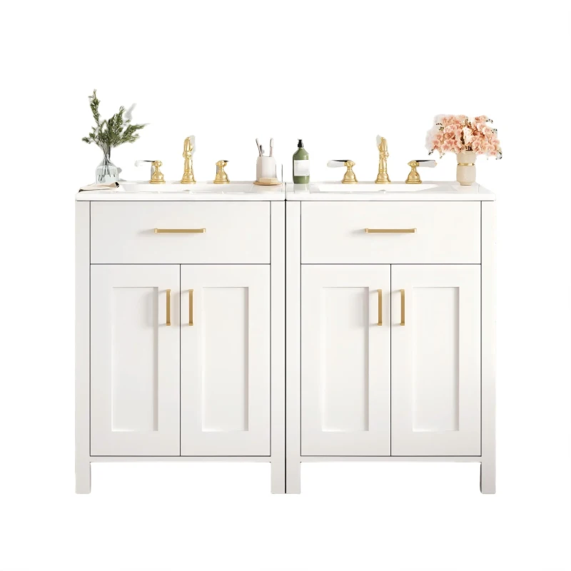 Modern Bathroom Vanity with 4 Doors, 2 Drawers and Adjustable Shelf, Freestanding Cabinet with Ceramic Sink, 48.5'' L x 18.5'' W x 34'' H, White