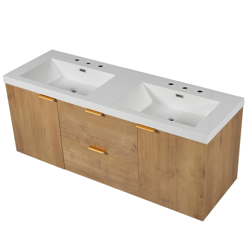 Double Sink Bathroom Vanity with Integrated SMC Top, Wall-Mounted Floating Cabinet for 2 People, 59.5'' L x 20'' W x 25.5'' H, Wood