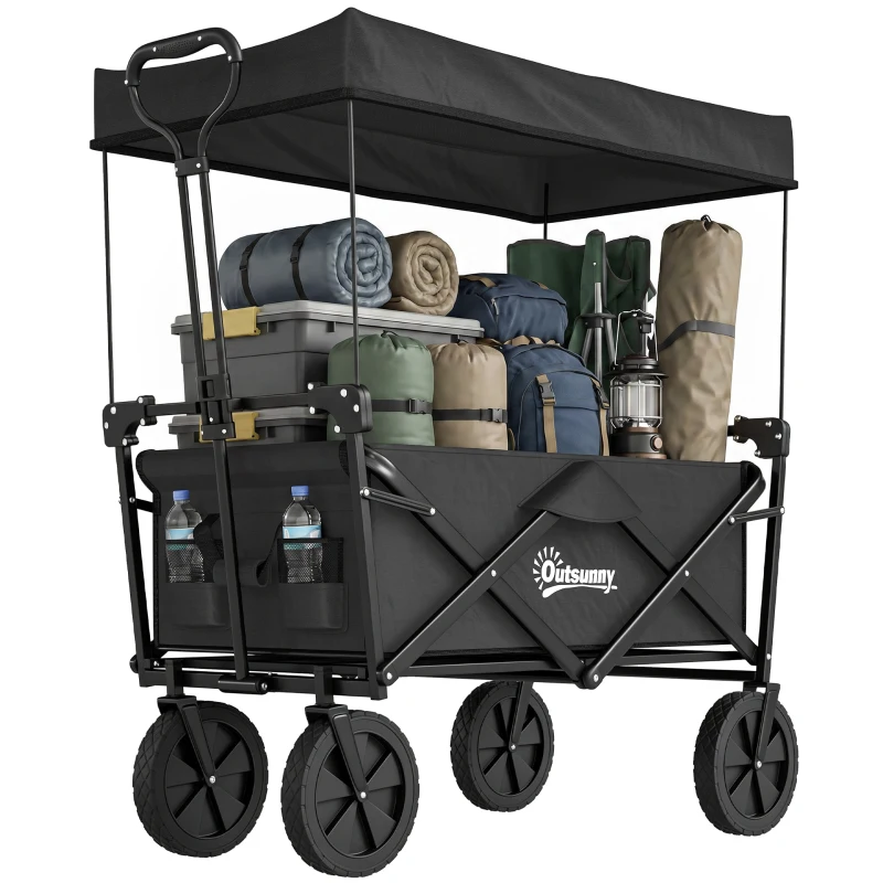 Outsunny Steel Frame Folding Garden Cart, Collapsible Wagon Cart with Removable Canopy, Telescopic Handle and Carrying Bag