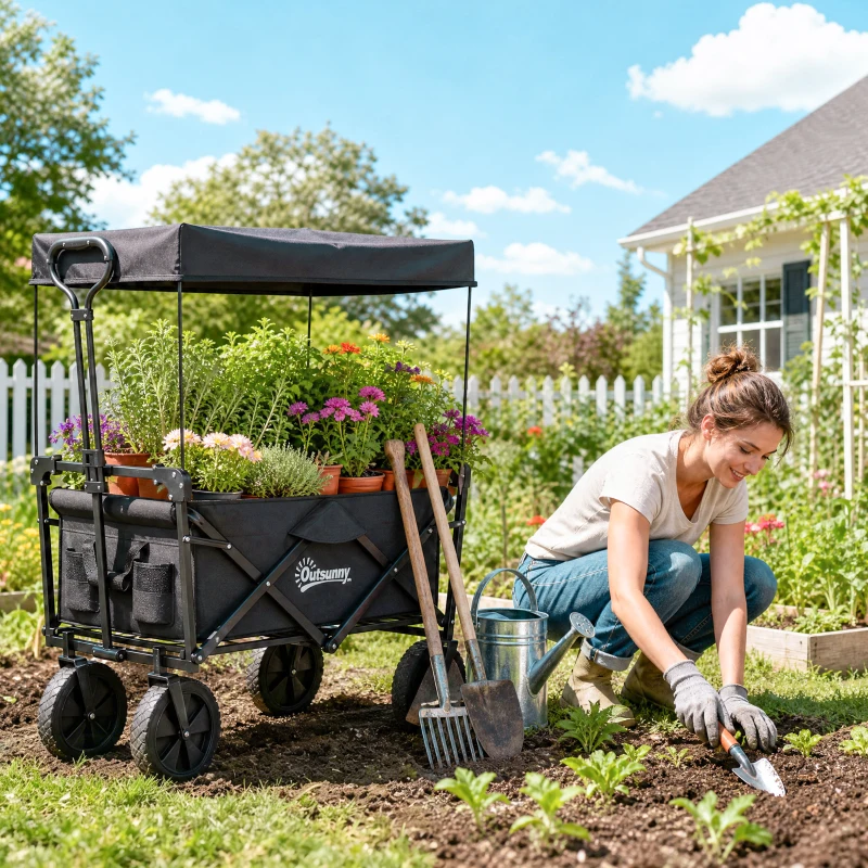 Outsunny Steel Frame Folding Garden Cart, Collapsible Wagon Cart with Removable Canopy, Telescopic Handle and Carrying Bag