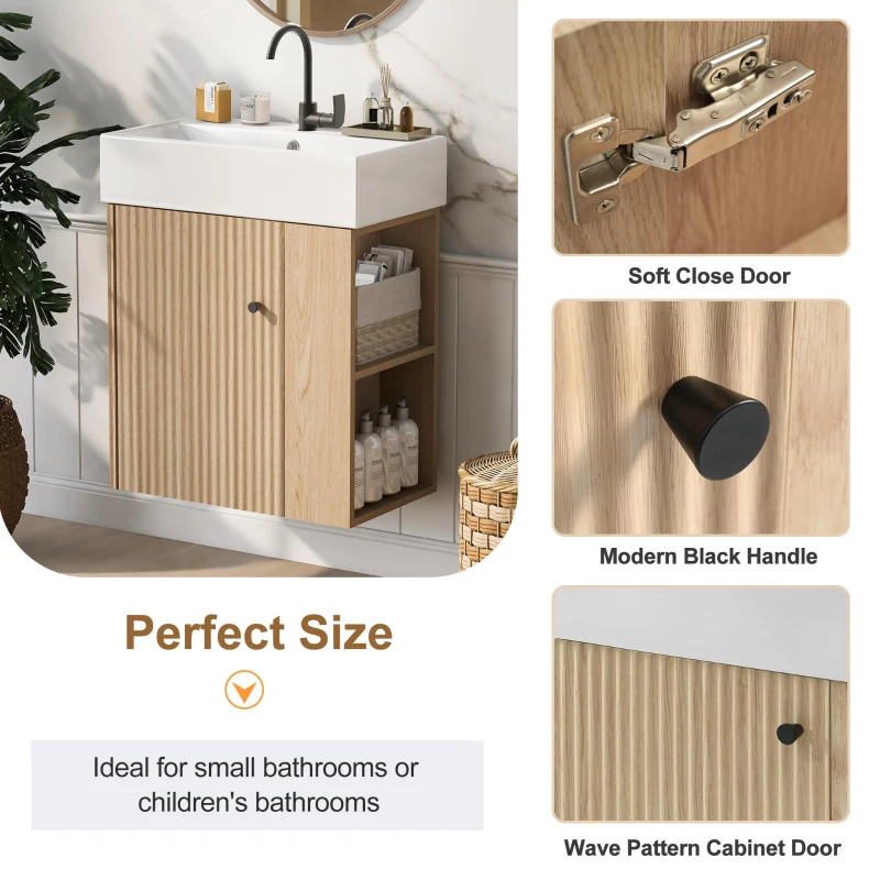 Modern Wall-Mounted Bathroom Vanity with Ceramic Basin, Space-Saving Floating Cabinet for Compact Bathrooms, 21.5'' L x 12'' W x 26.5'' H, Wood