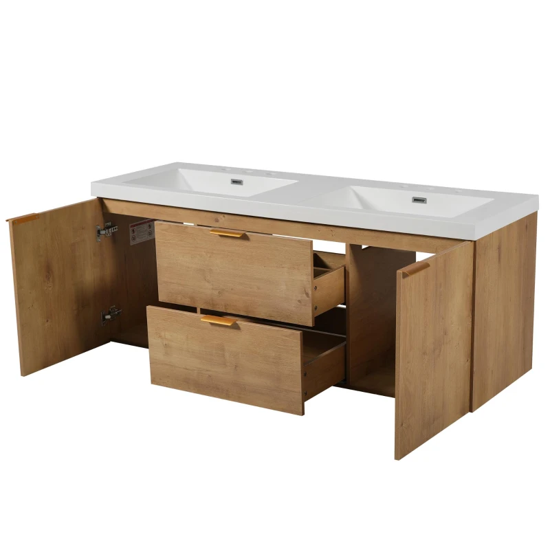 Double Sink Bathroom Vanity with Integrated SMC Top, Wall-Mounted Floating Cabinet for 2 People, 59.5'' L x 20'' W x 25.5'' H, Wood