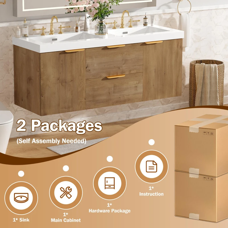 Double Sink Bathroom Vanity with Integrated SMC Top, Wall-Mounted Floating Cabinet for 2 People, 59.5'' L x 20'' W x 25.5'' H, Wood