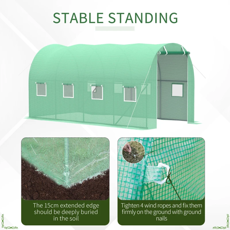 Outsunny 13' x 6.4' x 6.5' Walk-in Tunnel Greenhouse, Hoop House with Zipped Roll-Up Door and 8 Mesh Windows, Galvanised Steel Frame, Outdoor Greenhouse, Green