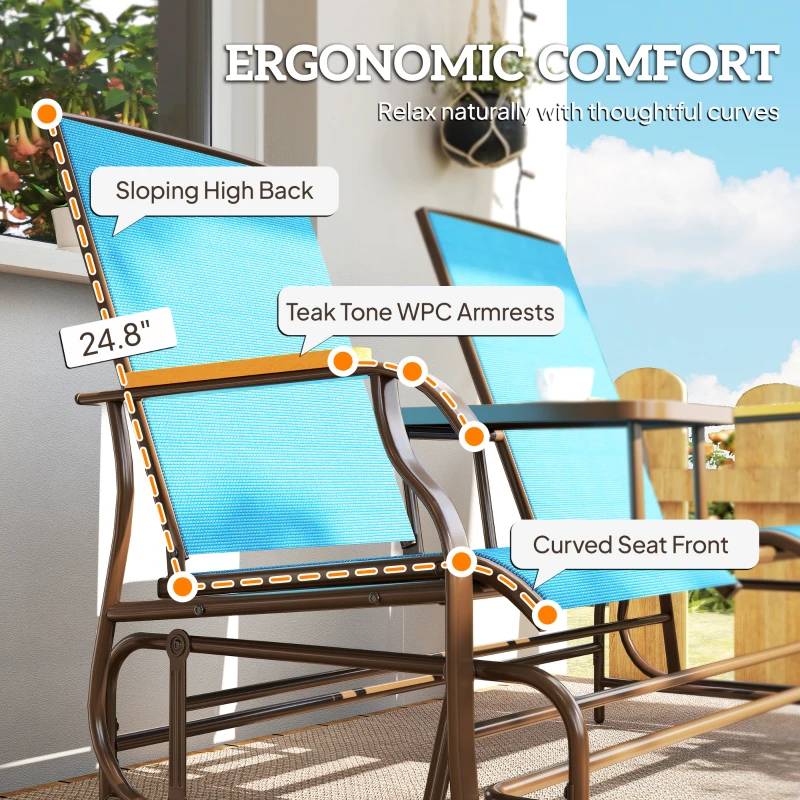 Outsunny Outdoor 2-Person Glider Bench, Outside Glider Swing Chair Loveseat with Table, Steel Frame, Blue