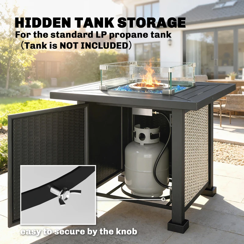 Outsunny 32" Propane Gas Fire Pit Table, 50,000 BTU Square Patio Table with Fire Pit, Wind Guard, Lid, CSA Certified, Grey