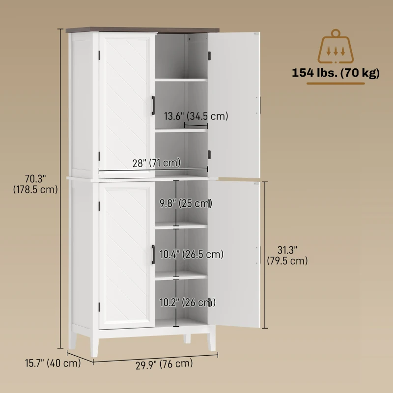 HOMCOM 70" Tall Kitchen Storage Cabinet Modern Farmhouse Pantry Cabinet with 4 Chevron Doors and 4 Adjustable Shelves, White