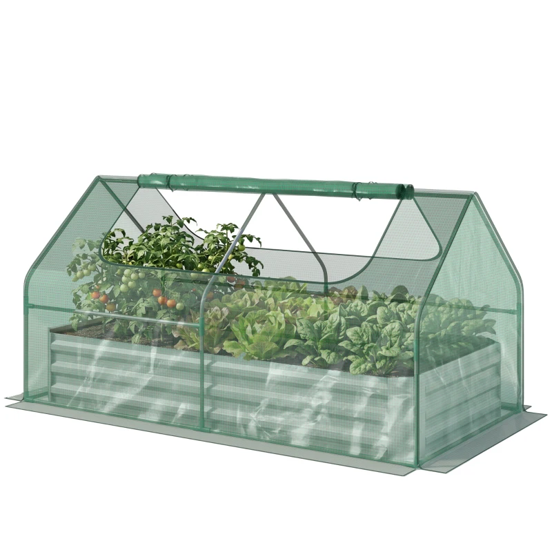 Outsunny 6 x 3 x 1ft Metal Planter Box with Mini Greenhouse, Galvanized Raised Garden Bed with Cover for Herbs and Vegetables, Small Greenhouse for Patio Garden Balcony, Green and Light Gray