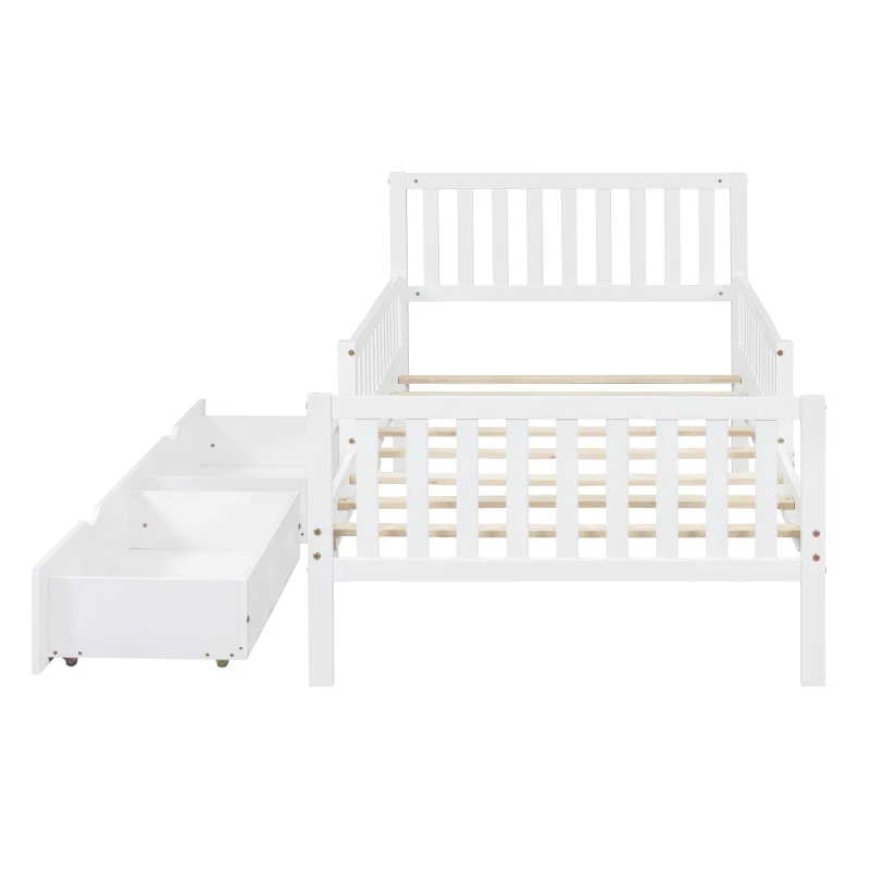 Twin Wood Platform Bed with 2 Under-Bed Storage Drawers, Solid Bed Frame for Children or Restless Sleepers, 77.5'' L x 42'' W x 34.5'' H, White