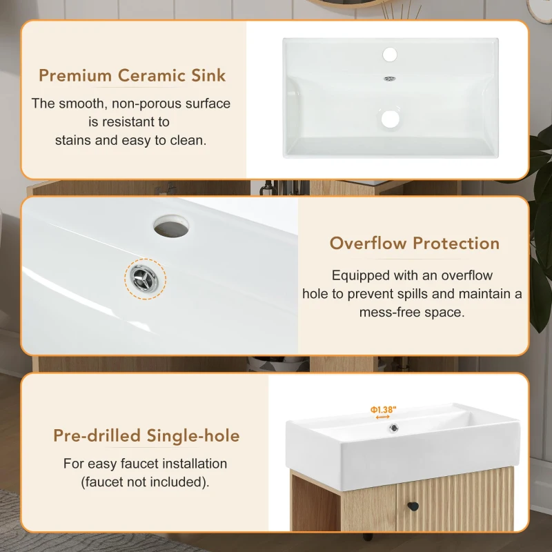 Space-Saving Floating Bathroom Vanity with Ceramic Basin, Wall-Mounted Cabinet for Compact Washroom, 21.5'' L x 12'' W x 26.5'' H, Wood