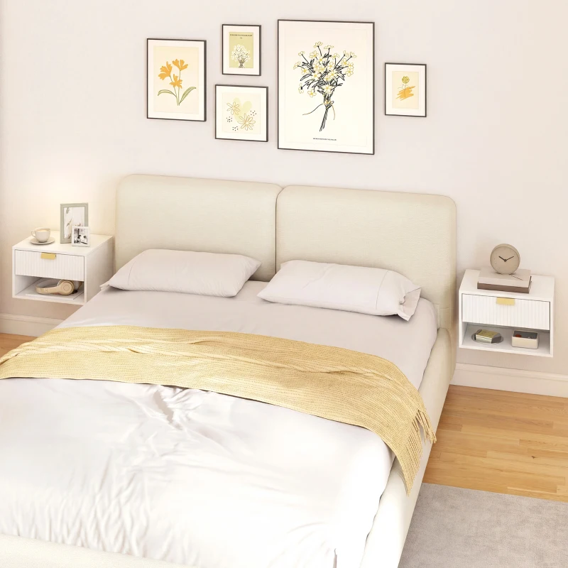 HOMCOM Set of 2 Wall Mounted Bedside Tables, Floating Nightstands with Fluted Drawer and Open Shelf for Bedroom, White