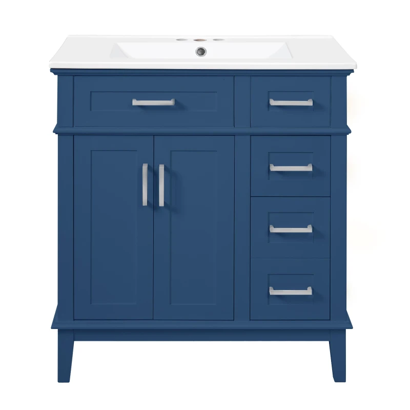 Free-Standing Bathroom Vanity with Ceramic Undermount/Drop-In Sink, Modern Storage Cabinet for Small Condos, 30'' L x 18'' W x 34'' H, Navy Blue