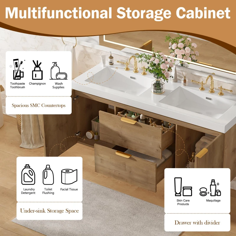 Double Sink Bathroom Vanity with Integrated SMC Top, Wall-Mounted Floating Cabinet for 2 People, 59.5'' L x 20'' W x 25.5'' H, Wood