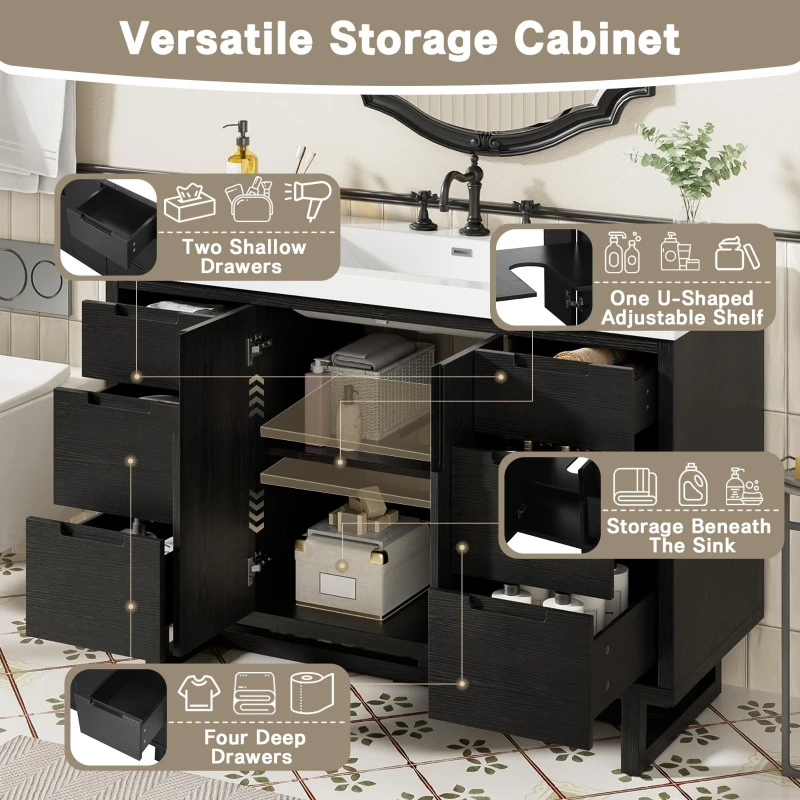 Stylish Bathroom Vanity with 2 Doors & 6 Hidden Soft-Close Drawers, Elegant Vanity Cabinet with SMC Resin Sink, 47'' L x 19.5'' W x 34'' H, Black