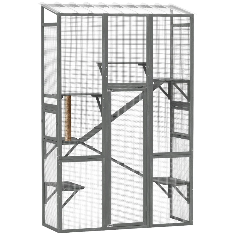 PawHut Large Outdoor Catio with 6 Jumping Platforms, Scratching Post, 2 Ramps, Waterproof Roof, Grey