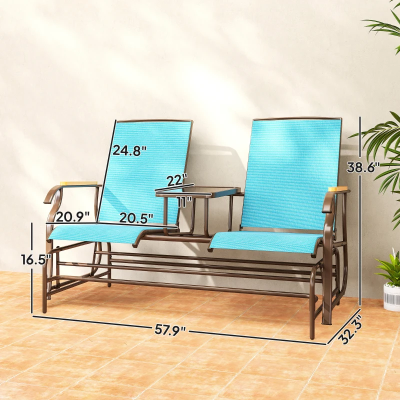 Outsunny Outdoor 2-Person Glider Bench, Outside Glider Swing Chair Loveseat with Table, Steel Frame, Blue