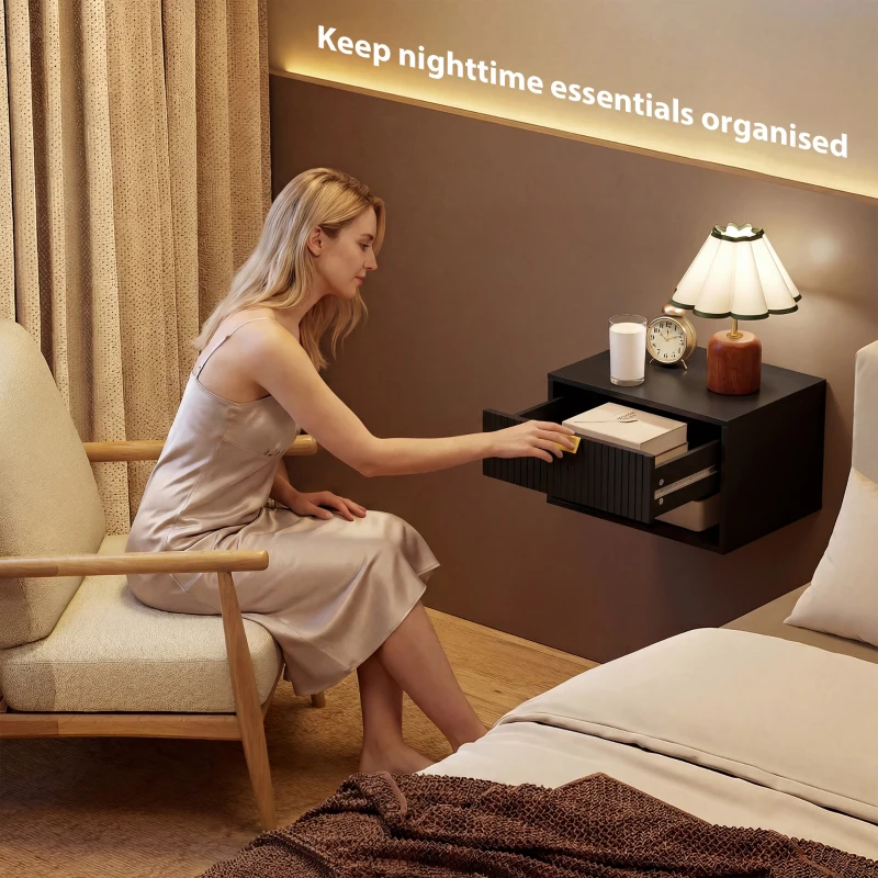 HOMCOM Set of 2 Wall Mounted Bedside Tables, Floating Nightstands with Fluted Drawer and Open Shelf for Bedroom, Black