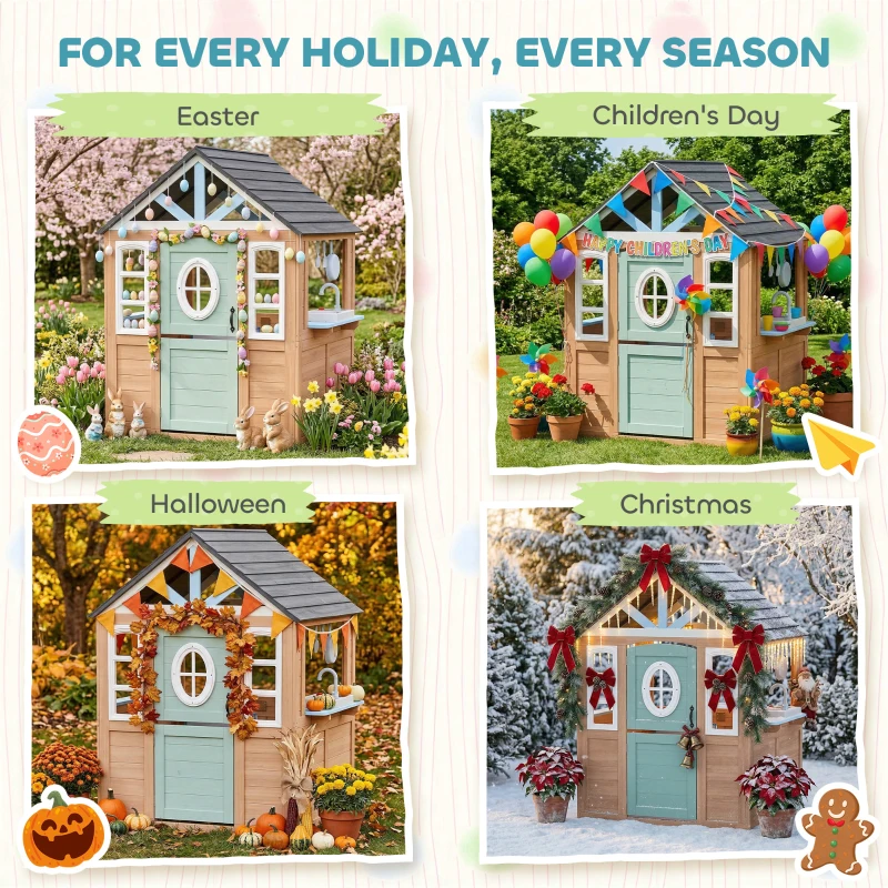 Qaba Kids Outdoor Playhouse, Wooden Cottage Play House with Pet Door, Play Kitchen, Half Door and Windows for Indoor Outdoor