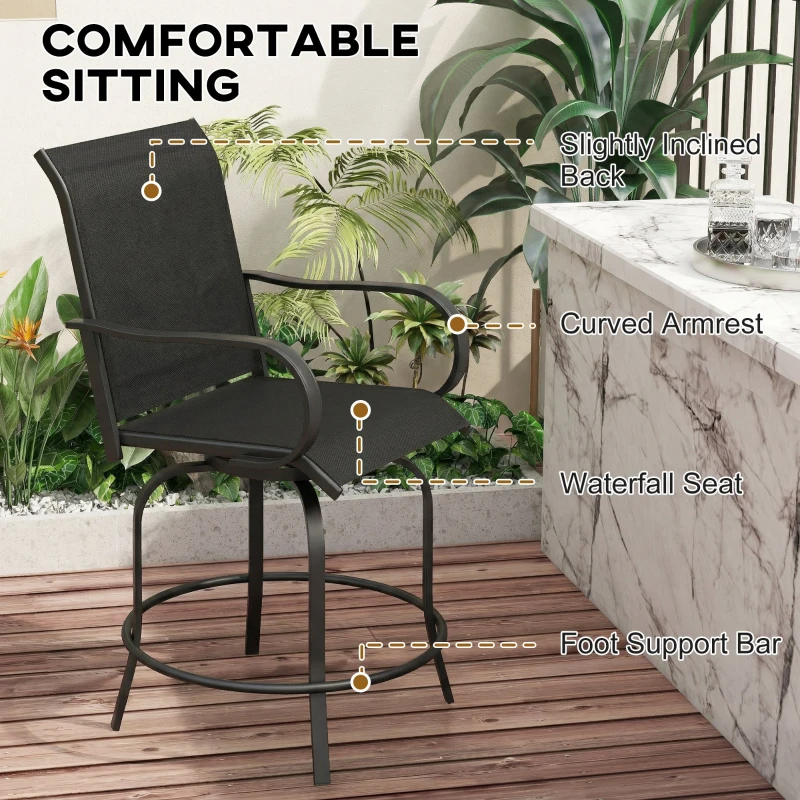 Outsunny Outdoor Bar Stools Set of 2, 360° Swivel Bar Height Chairs, 26.8" x 29.5" x 48.4", Black