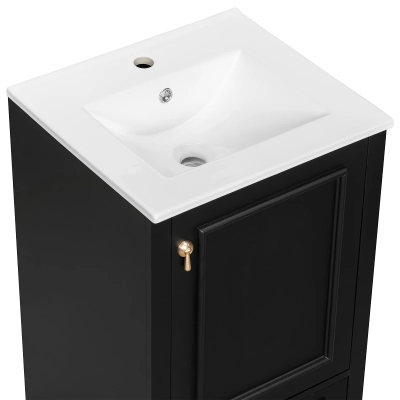 Stylish Bathroom Vanity with Ceramic Sink, Soft-Close Door & Drawer, Space-Saving Cabinet for Compact Washroom, 20'' L x 18.5'' W x 34'' H, Black