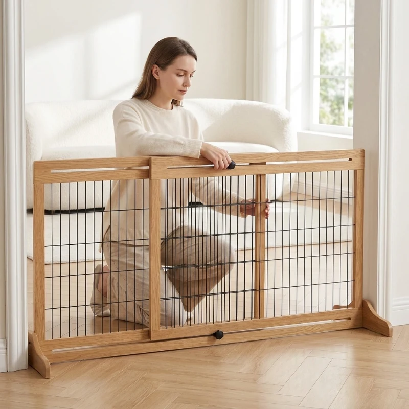 PawHut 71" W x 27" H Extra Wide Freestanding Pet Gate with Adjustable Length Dog, Cat, Barrier for House, Doorway, Hallway, Natural