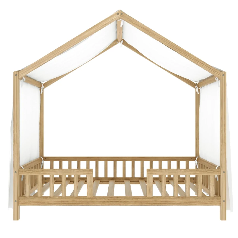 Twin House-Style Toddler Bed with Full Guardrails and DIY Canopy Frame, Montessori Floor Bed with Canopy, 78.5'' L x 41.5'' W x 78'' H, Natural