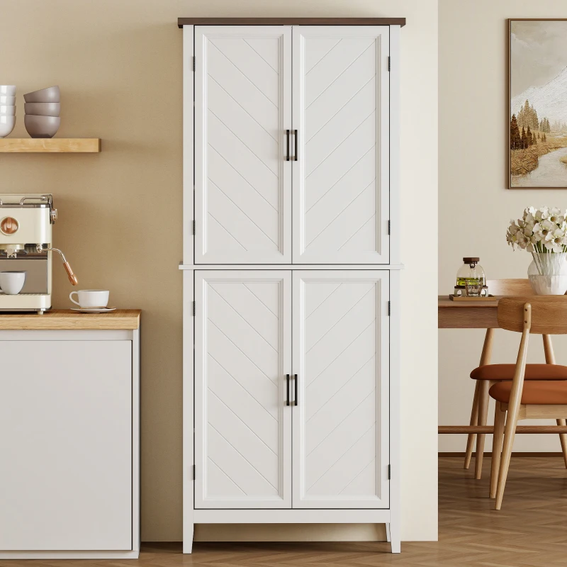 HOMCOM 70" Tall Kitchen Storage Cabinet Modern Farmhouse Pantry Cabinet with 4 Chevron Doors and 4 Adjustable Shelves, White