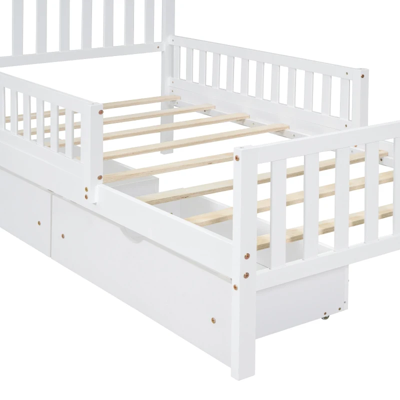Twin Wood Platform Bed with 2 Under-Bed Storage Drawers, Solid Bed Frame for Children or Restless Sleepers, 77.5'' L x 42'' W x 34.5'' H, White