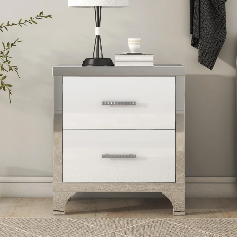 Elegant High-Gloss Nightstand with Metal Handles and Legs, Mirrored Bedside Table for Bedrooms or Apartments, 22.5'' L x 15.5'' W x 23.5'' H, White