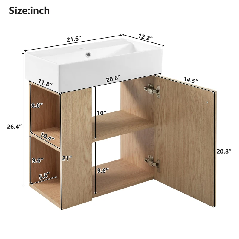 Space-Saving Floating Bathroom Vanity with Ceramic Basin, Wall-Mounted Cabinet for Compact Washroom, 21.5'' L x 12'' W x 26.5'' H, Wood