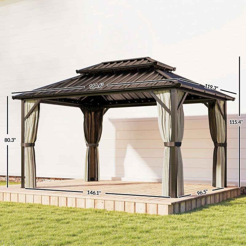 Outsunny 10' x 14' Hardtop Gazebo with Double Galvanized Steel Roof Canopy, Aluminum Frame Permanent Gazebo, Brown