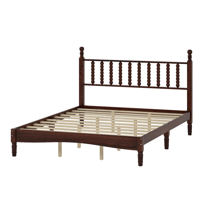 Queen Size Wooden Platform Bed with Gourd-Shaped Headboard, Retro-Inspired Bed Frame for Eclectic Décor, 84.5'' L x 63.5'' W x 45'' H, Walnut