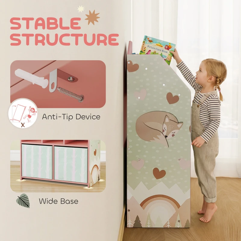 Qaba Kids Bookshelf with Storage, Toy Storage Unit with Book Display, Shelves and Fabric Drawers for Playroom Nursery, Pink