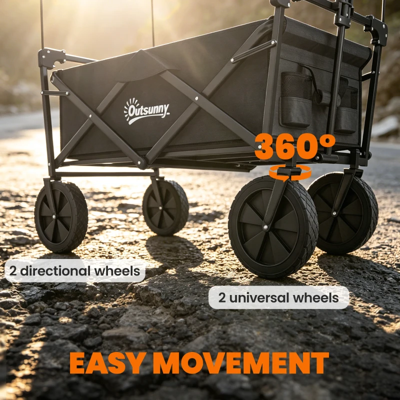 Outsunny Steel Frame Folding Garden Cart, Collapsible Wagon Cart with Removable Canopy, Telescopic Handle and Carrying Bag