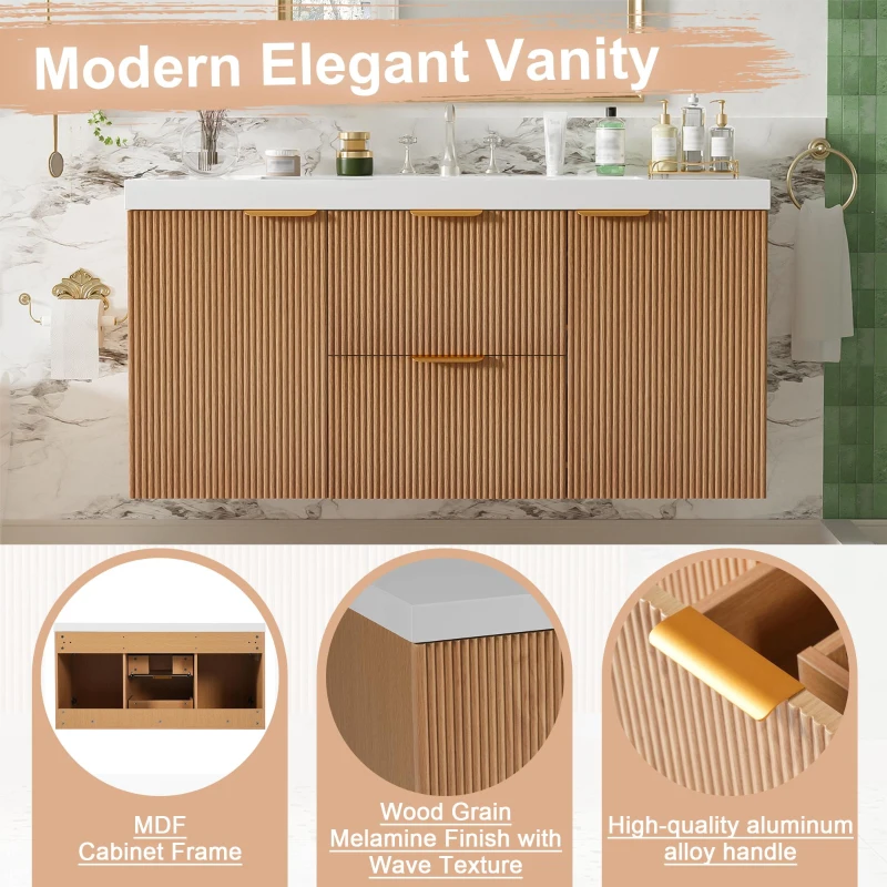 Single Sink Wall-Mounted Bathroom Vanity with SMC Top, Stylish Bathroom Cabinet with U-Shaped Drawers, 47'' L x 19.5'' W x 23.5'' H, Wood