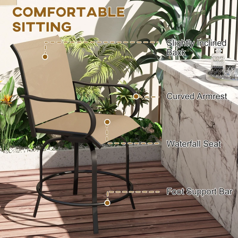 Outsunny Outdoor Bar Stools Set of 2, 360° Swivel Bar Height Chairs, 26.8" x 29.5" x 48.4", Tan