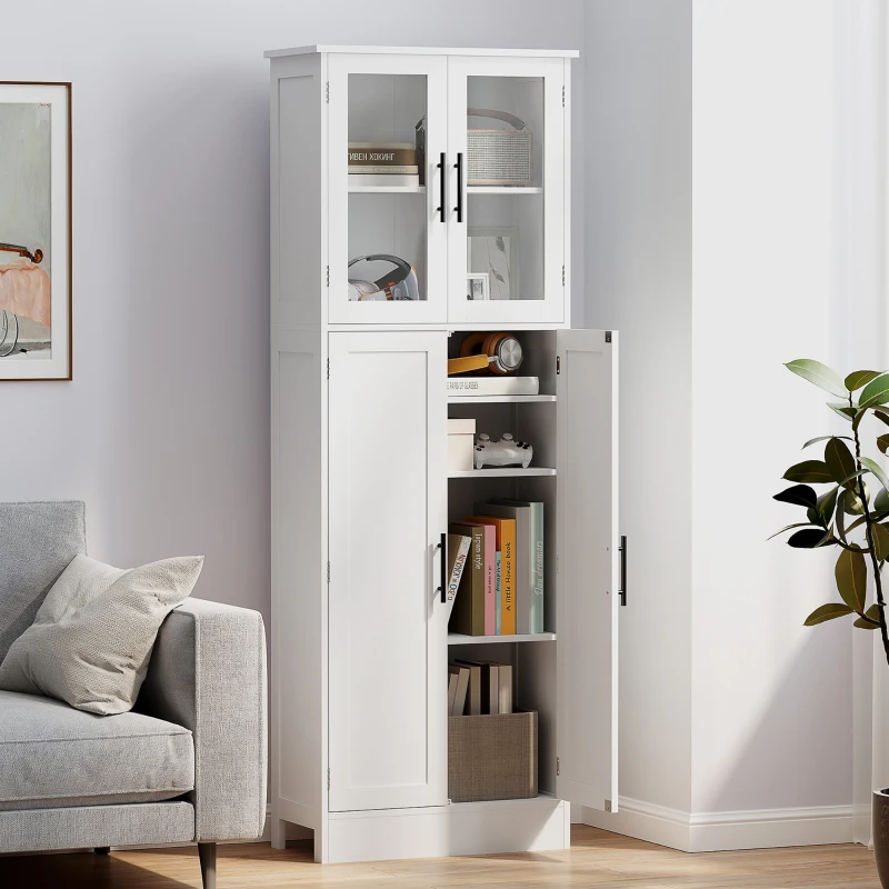 HOMCOM Tall Bathroom Cabinet with Glass Doors, Space-Saving Unit with Adjustable Shelves, Freestanding Storage, White