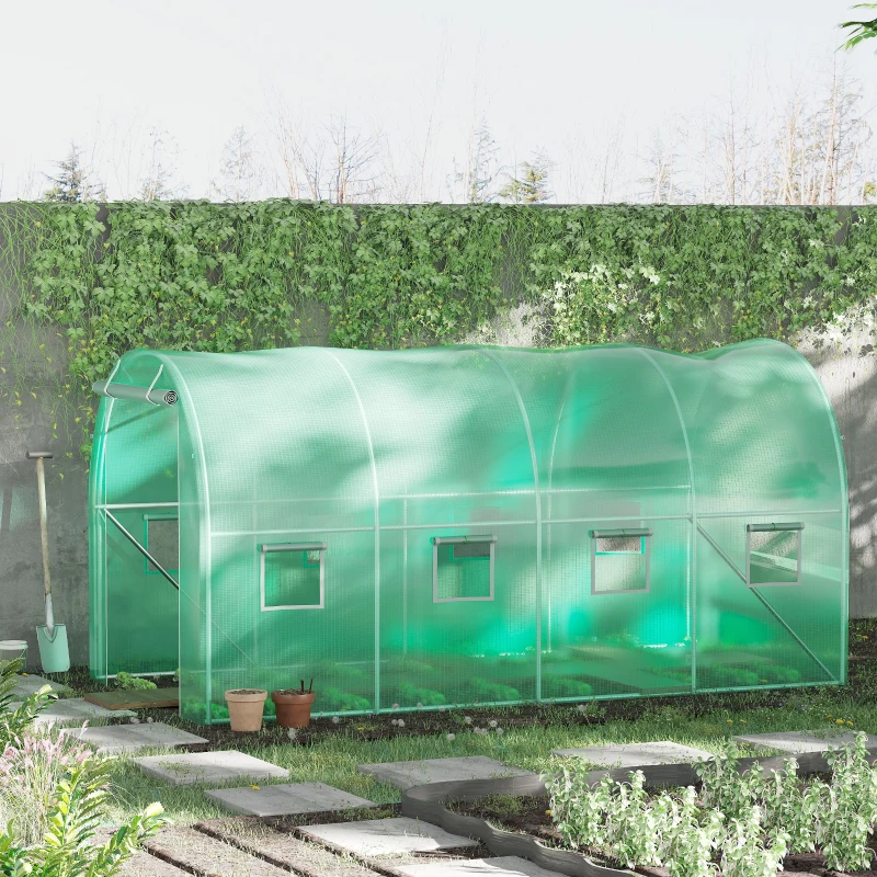 Outsunny 13' x 6.4' x 6.5' Walk-in Tunnel Greenhouse, Hoop House with Zipped Roll-Up Door and 8 Mesh Windows, Galvanised Steel Frame, Outdoor Greenhouse, Green