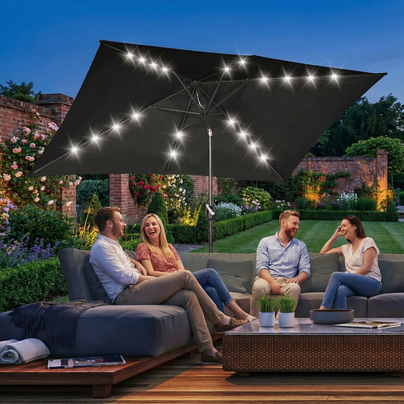 Outsunny 6.5x10ft Patio Umbrella, Rectangle Tilt Outdoor Market Parasol with LEDs, Black