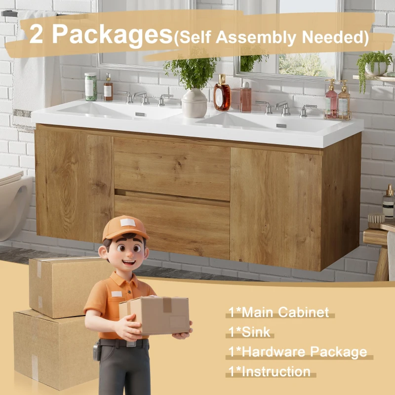 Double Sink Bathroom Vanity with Spacious Under-Sink Storage, Wall-Mounted Floating Cabinet with SMC Top, 59.5'' L x 20'' W x 25.5'' H, Wood