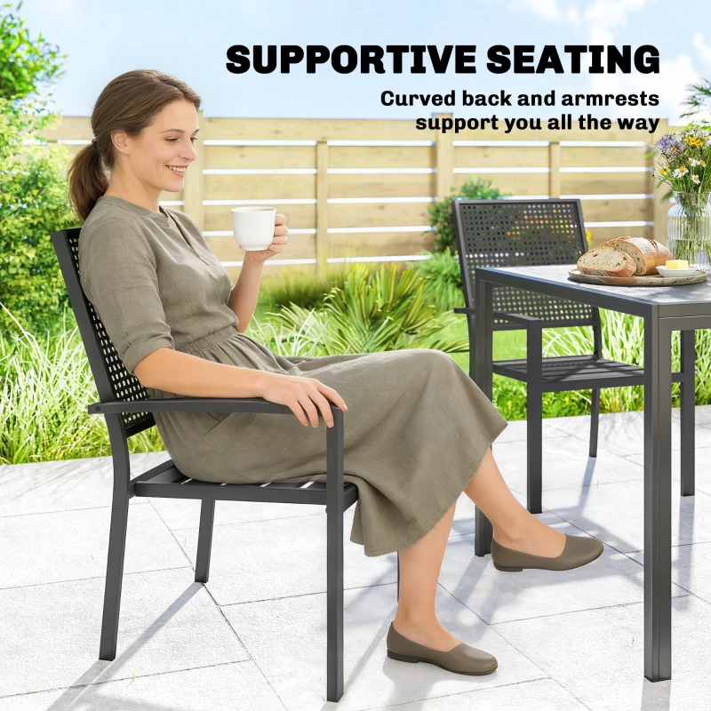 Outsunny Stackable Patio Chairs Set of 2, Outdoor Dining Chairs with Faux Wicker Steel Mesh Back, Slatted Seat, Armrests, Black