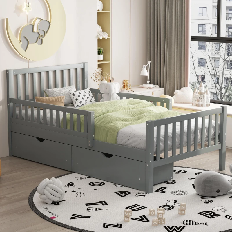 Twin Wood Platform Bed with 8 Slats & 2 Large Under-Bed Drawers, Solid Bed Frame for Children’s Rooms, 77.5'' L x 42'' W x 34.5'' H, Grey
