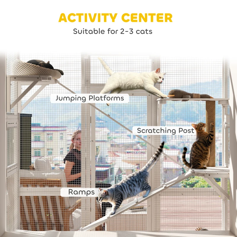 PawHut Large Outdoor Catio with 6 Jumping Platforms, Scratching Post, 2 Ramps, Waterproof Roof, White