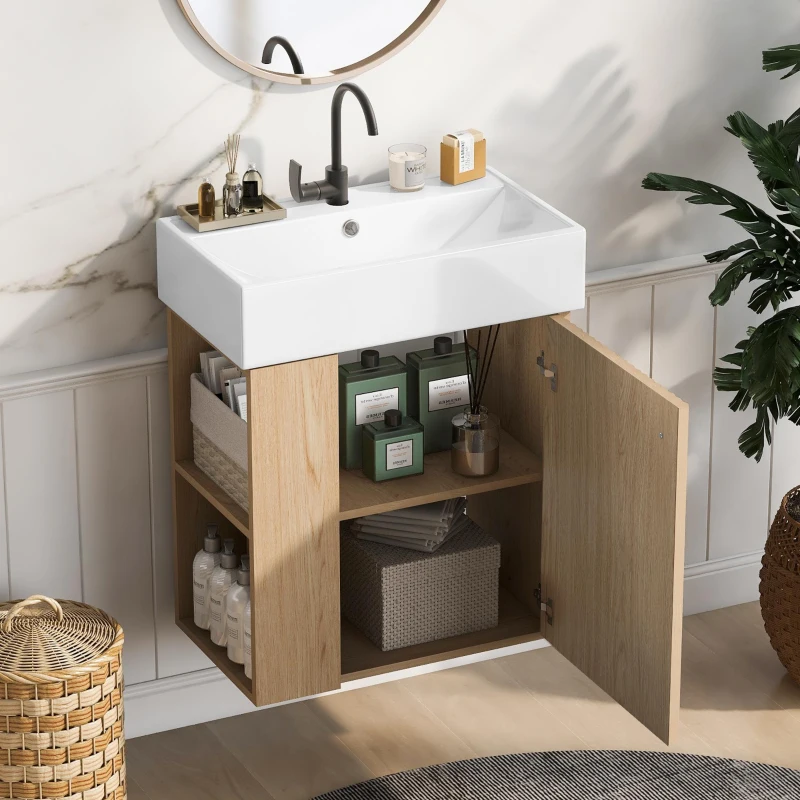 Space-Saving Floating Bathroom Vanity with Ceramic Basin, Wall-Mounted Cabinet for Compact Washroom, 21.5'' L x 12'' W x 26.5'' H, Wood