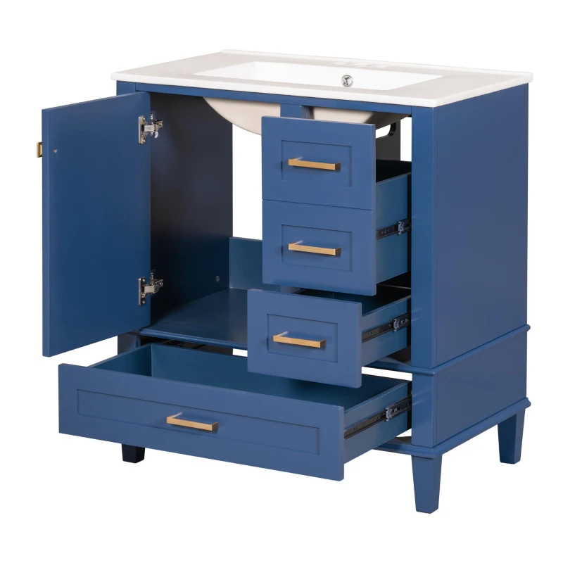 Free-Standing Bathroom Vanity with Ceramic Sink Combo, Modern Cabinet with Solid Wood Frame, 30'' L x 18.5'' W x 34'' H, Blue