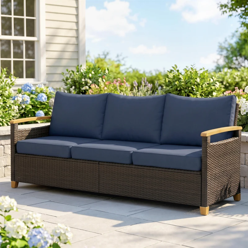 Outsunny 3 Seater Outdoor Couch Sofa, PE Wicker Patio Sofa, Wide Deep Seat, 4" Cushions, Wood-Effect Armrests Legs, Dark Blue