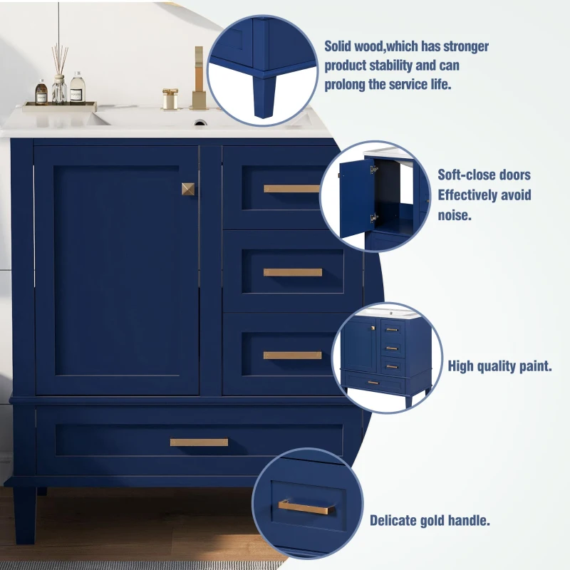 Free-Standing Bathroom Vanity with Ceramic Sink Combo, Modern Cabinet with Solid Wood Frame, 30'' L x 18.5'' W x 34'' H, Blue
